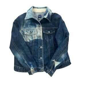 GAP Womens Size Small Y2K Distressed Bleached Denim Blue Jean Trucker Jacket